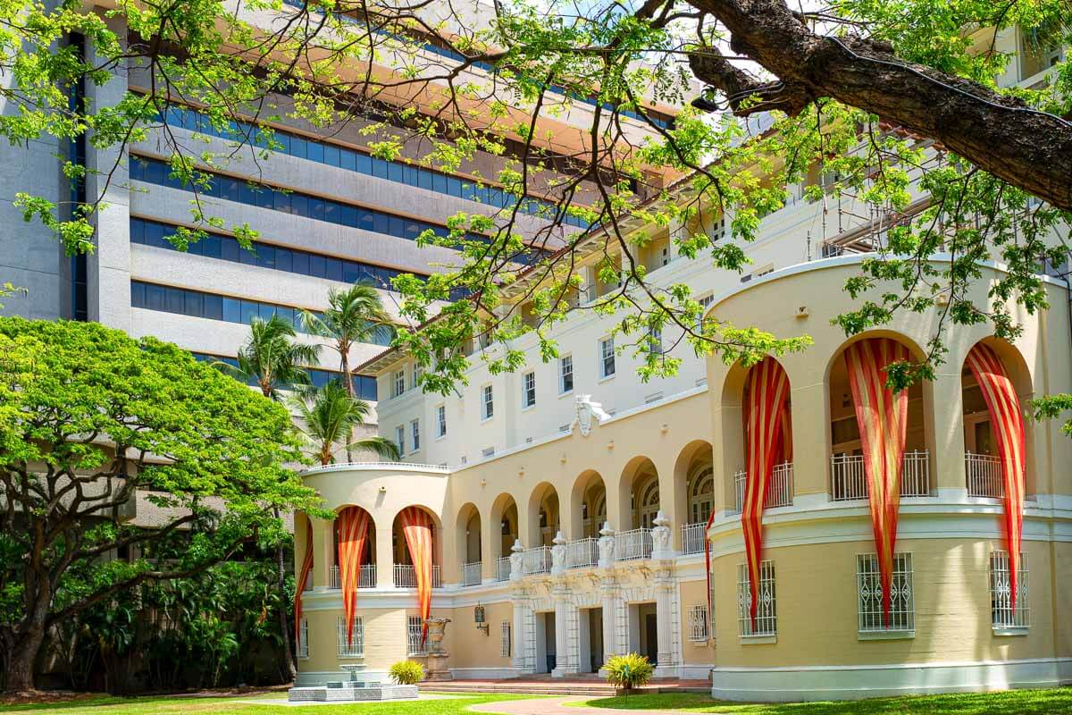 View of the outside façade of the Hawaii State Art Museum in Honolulu, Hawaii.