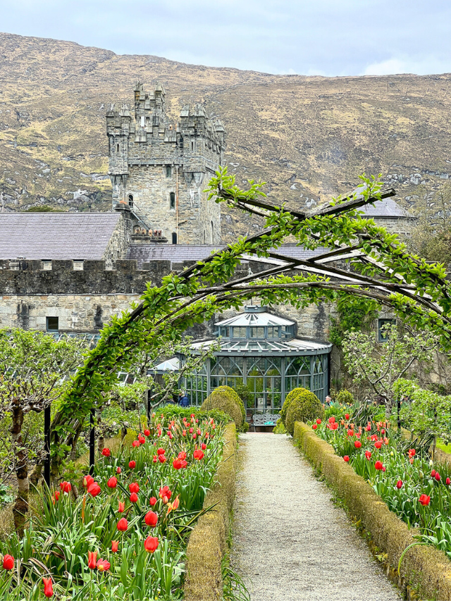 View of Glenveagh Castle in Donegal, Ireland, as seen from the castle gardens during the spring