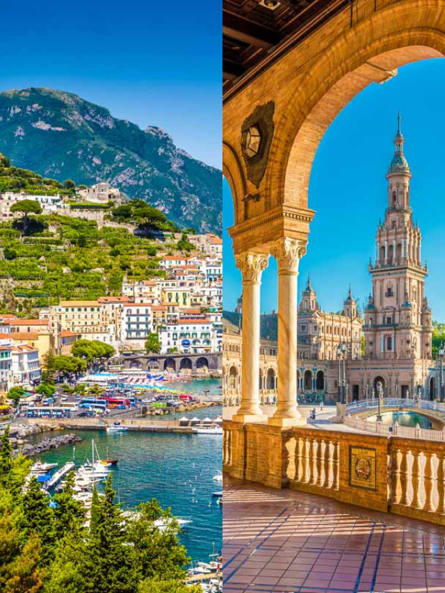 Left half of this photo is a beautiful colorful town on the Amalfi Coast in Italy. The right half is a view of the Plaza de Espa&ntilde;a in Seville, Spain