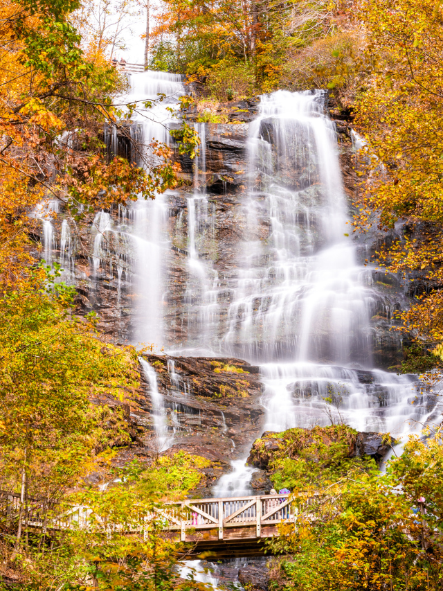 Amicalola Falls in Georgia surrounded by fall foliage in October