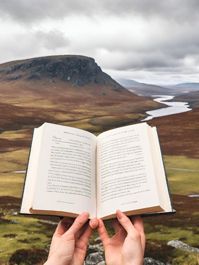 Hands holding out open book in front of a landscape of the Scottish Highlands