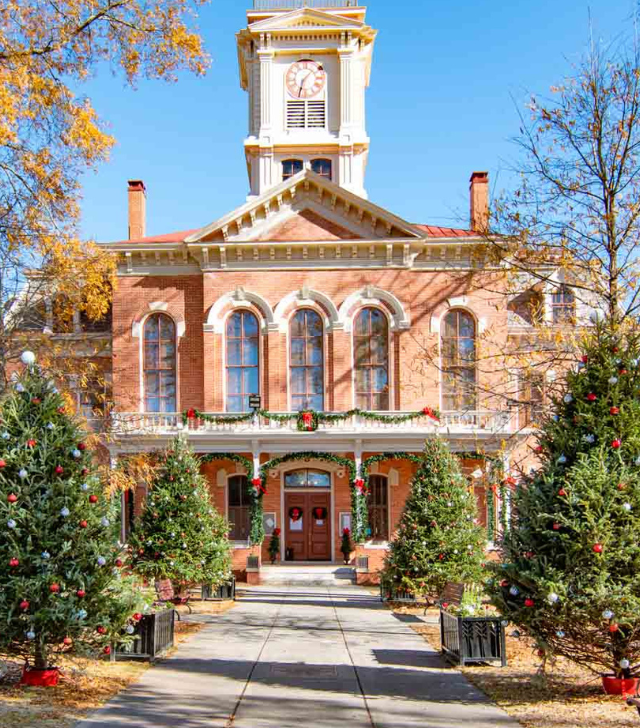 Monroe, Georgia historic downtown area decorated with Christmas trees